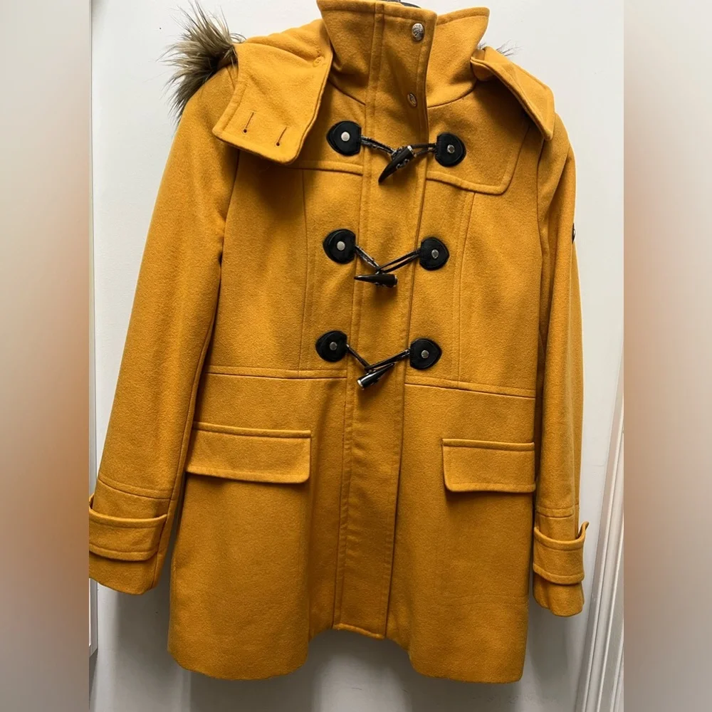 Calvin Klein mustard color wool blend hooded with fur pea coat toggle buttons - Picture 1 of 10